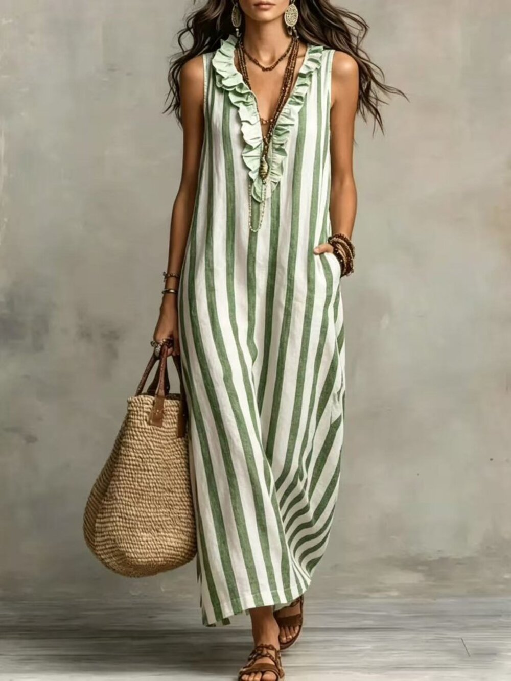 Women's Light Green Vertical Striped V-Neck Sleeveless Dress